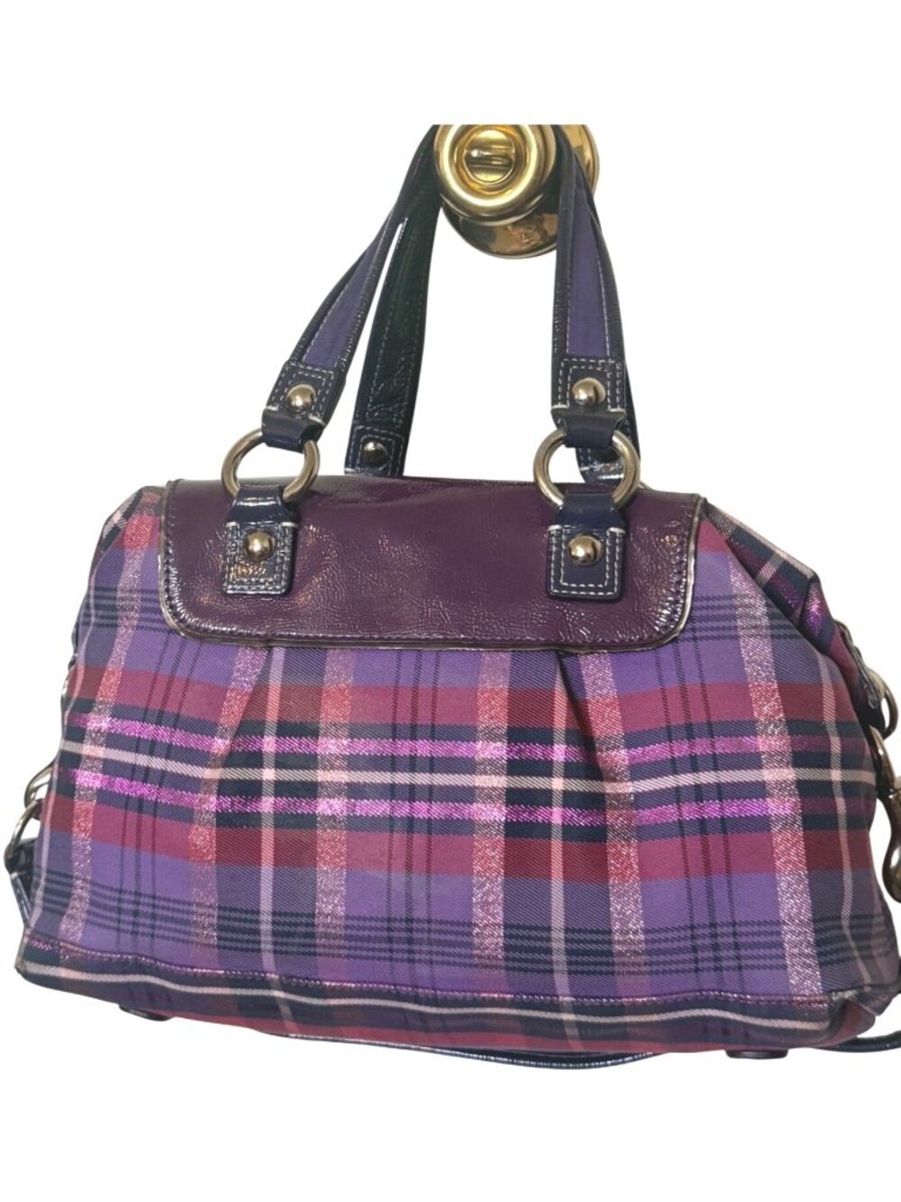 Coach Poppy Purple Tartan Plaid Limited Ed Bag W Purple Patent Leather No 15884 - Picture 2 of 11